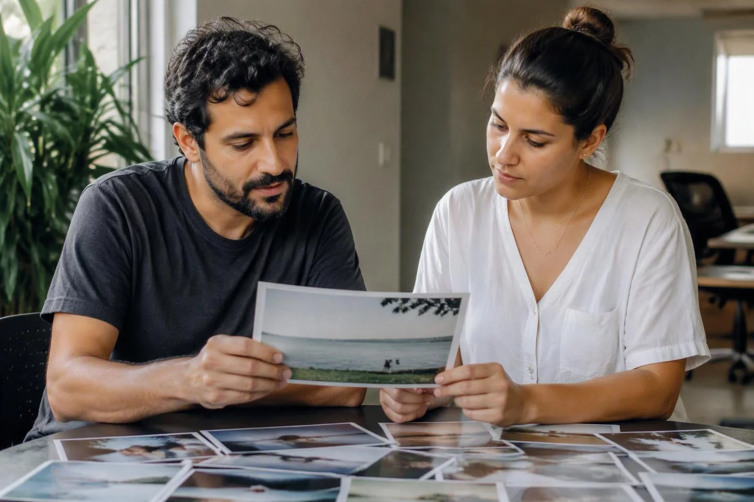 Duas pessoas escolhendo a imagem de uma publicação lado a lado
